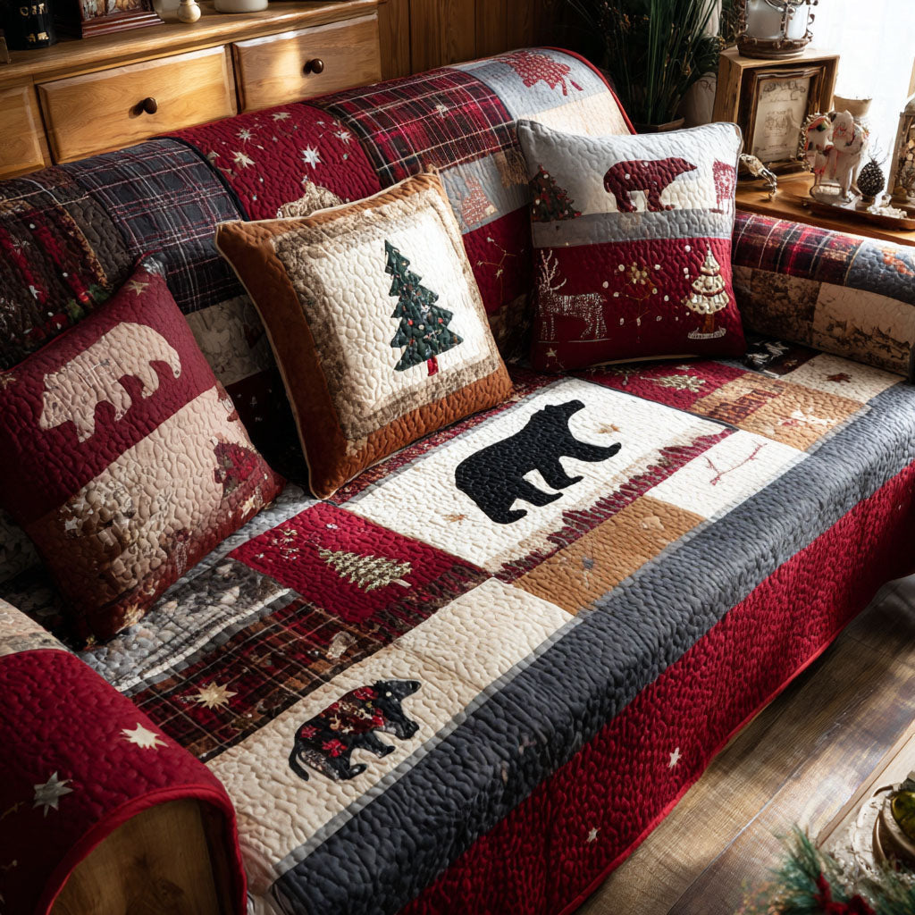 Cozy Grizzly Quilted Sofa Cover Bear Black Luxury Home Decor Gift For Guys - Pvr