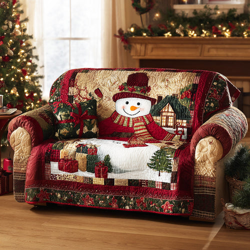 Cozy Snow Gathering Quilted Sofa Cover Cute Room Decor Snowman Christmas Gifts - Pvr