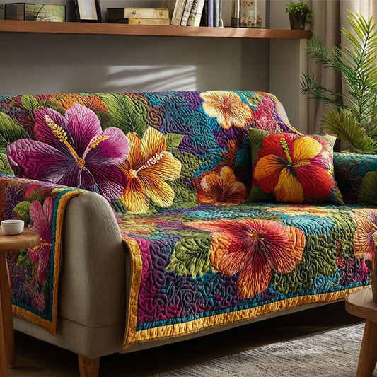 Tropical Bloom Quilted Sofa Cover Hibiscus Plant Design Home Decor Gift For Natural Lover - Pvr