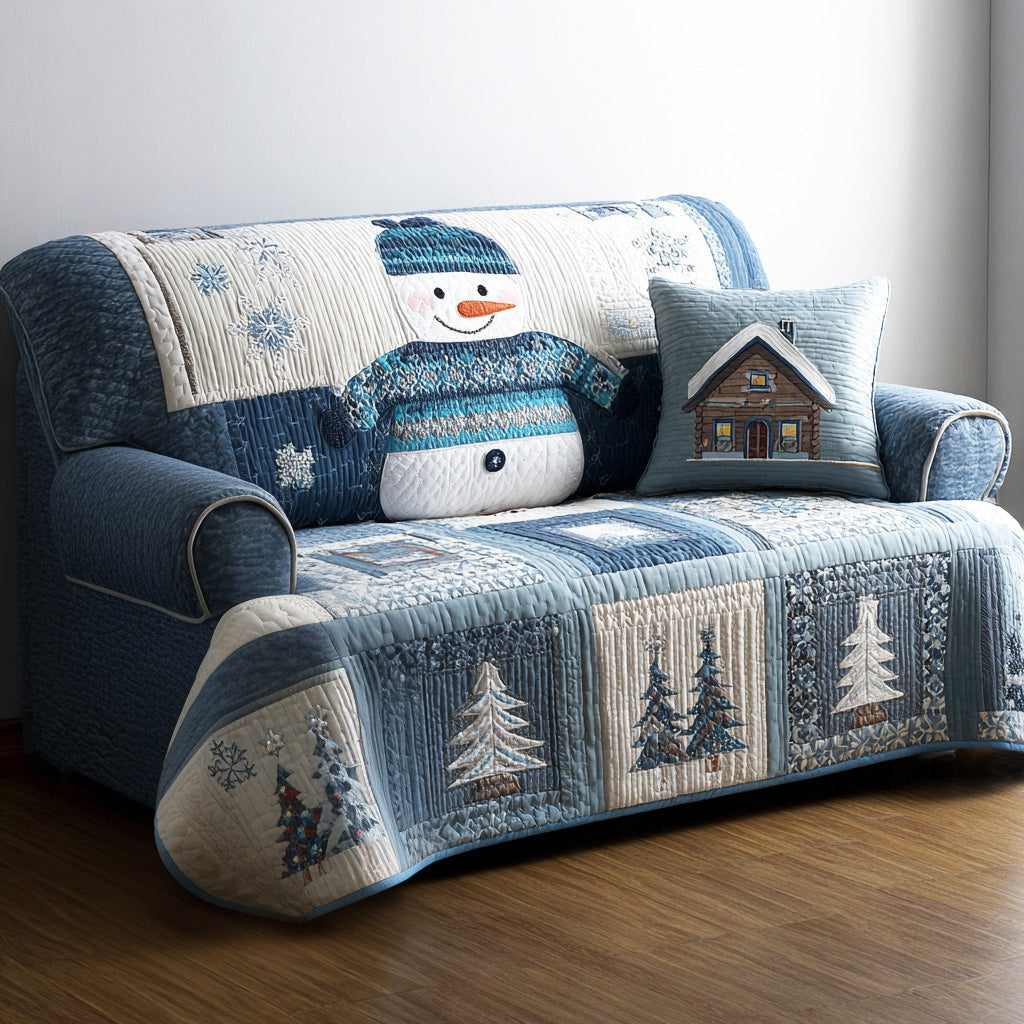 Starry Snow Eve Quilted Sofa Cover Snowman Christmas Design Home Decor Gift For Grandma - Pvr