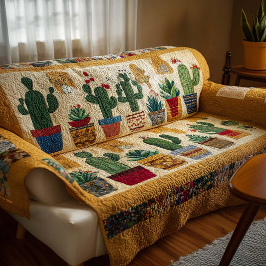 Mojave Green Quilted Sofa Cover Catcus Pot Retro Design Home Decor Gift For Friend - Pvr