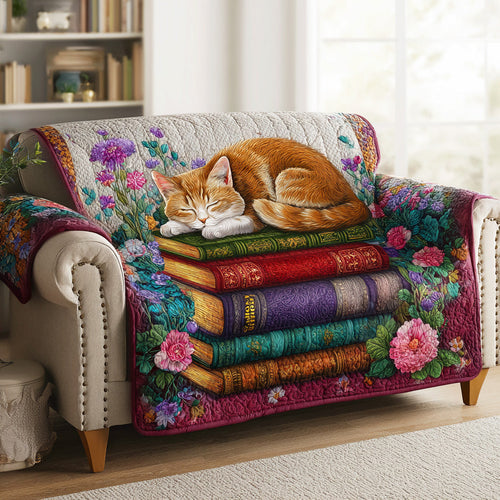 Whispering Pages Cat Quilted Sofa Cover Cat Sleeping Holiday Sofa Protector Gift Book Lover - Pvr
