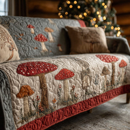 Rustic Toadstool Forest Quilted Sofa Cover Plant Themed Luxury Home Decor Gift For Mum - Pvr