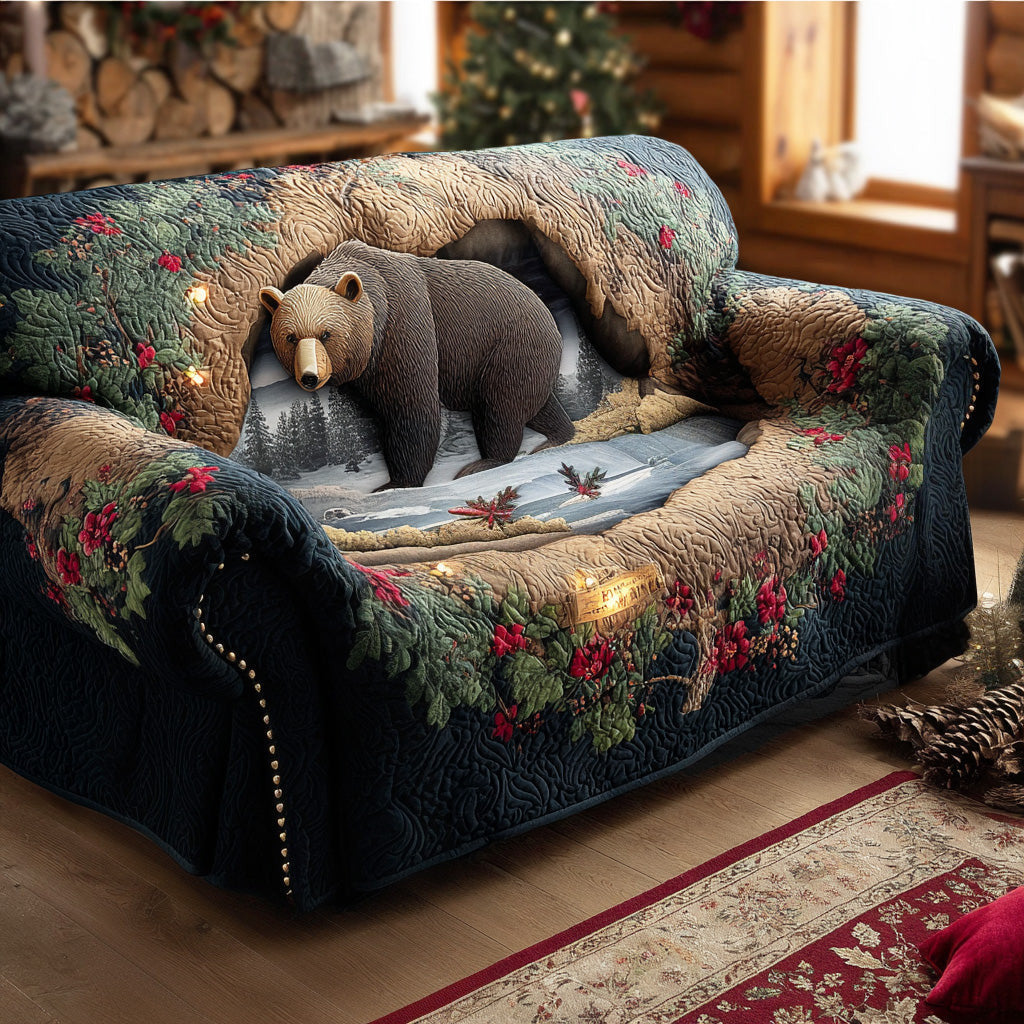 River Edge Bear Quilted Sofa Cover Bear Wood House Winter Luxury Home Decor Gift For Men - Pvr