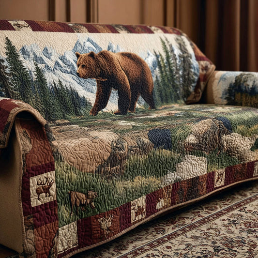 Mountain Trail Quilted Sofa Cover Bear Gold Print Themed Luxury Home Decor Gift For Him - Pvr
