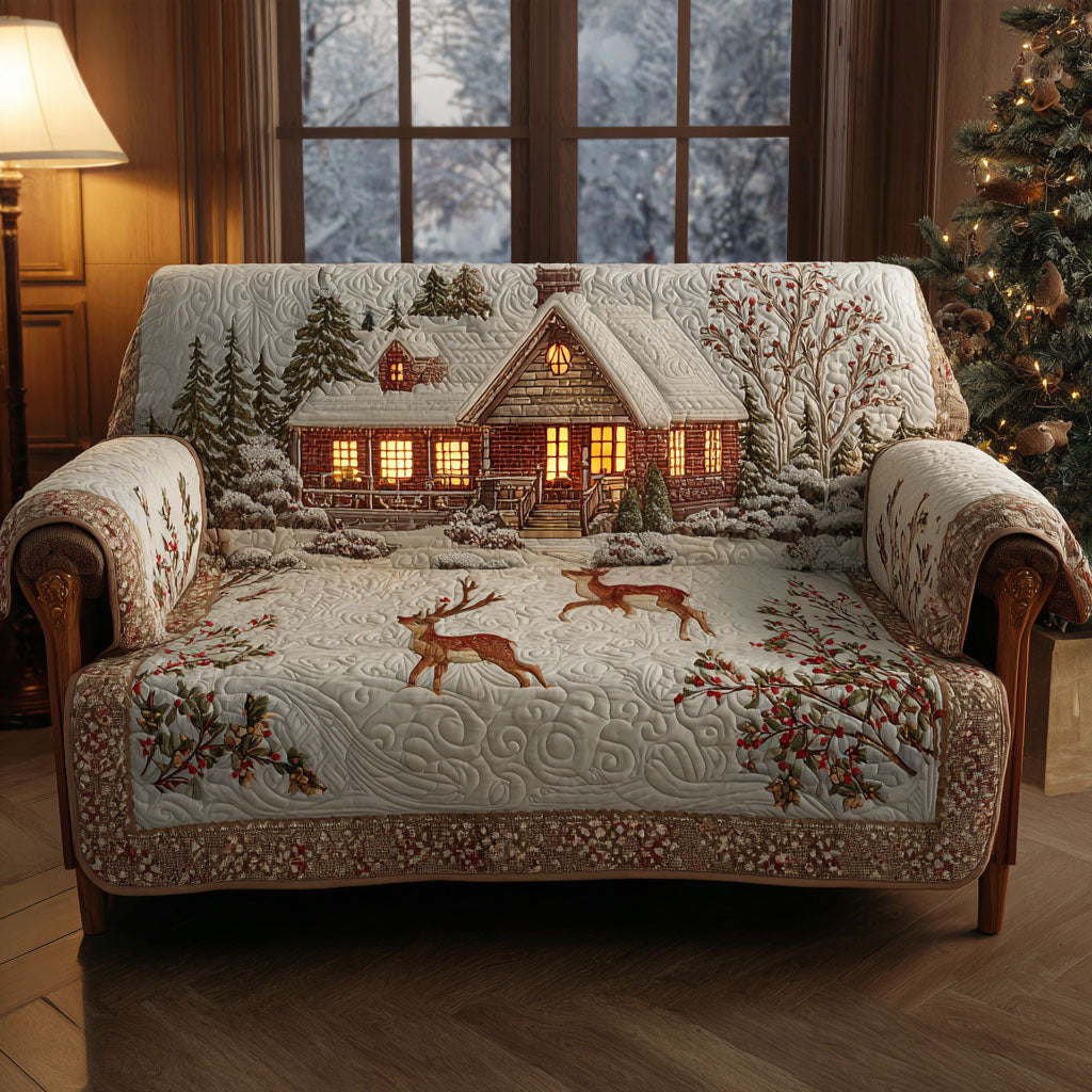 Reindeer Lodge Quilted Sofa Cover Warm Christmas Atmosphere Living Room Decor Gift For Son - Pvr