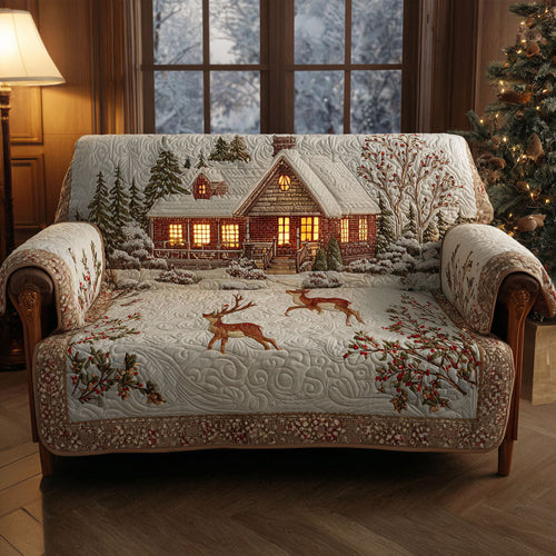 Reindeer Lodge Quilted Sofa Cover Warm Christmas Atmosphere Living Room Decor Gift For Son - Pvr