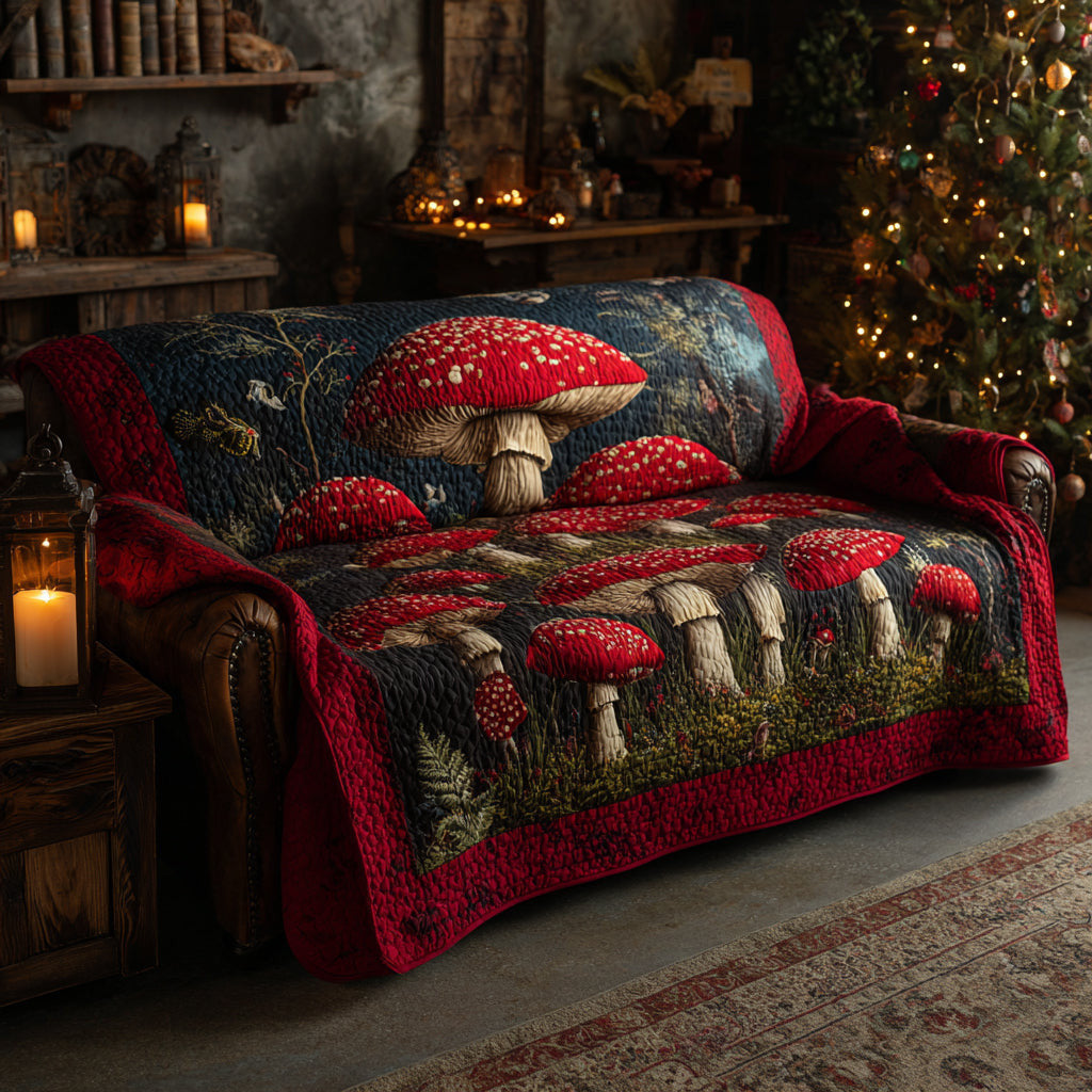 Mystic Mushroom Meadow Quilted Sofa Cover Warm Holiday Winter Design Home Decor Xmas Gift - Pvr