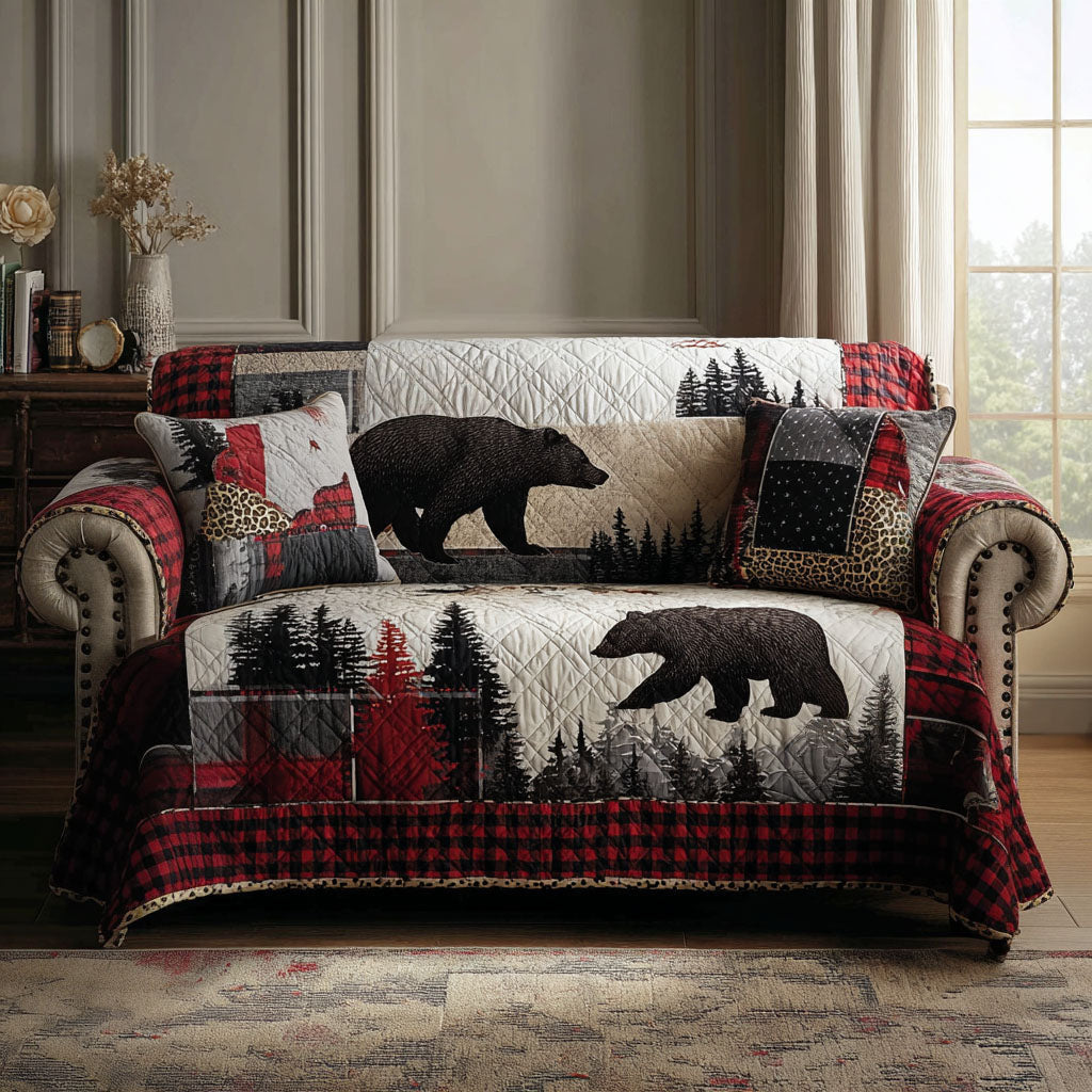 Plaid Forest Quilted Sofa Cover Luxury Home Decor Unique Gifts For Bear Lovers - Pvr