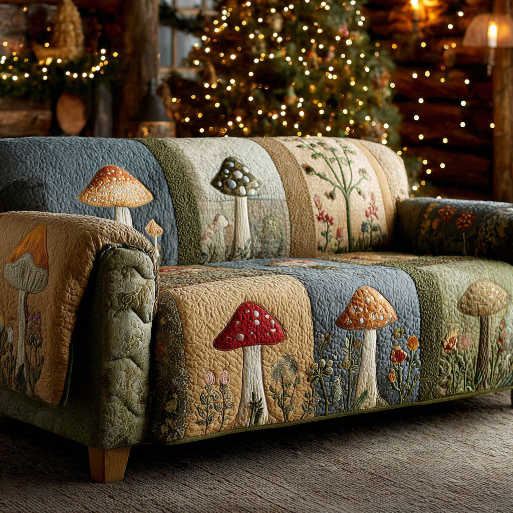 Mushroom Quilted Sofa Cover Luxury Plant Natural Design Home Decor Gift For Her - Pvr