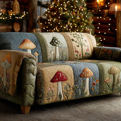 Mushroom Quilted Sofa Cover Luxury Plant Natural Design Home Decor Gift For Her - Pvr