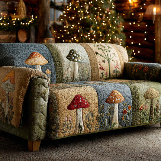 Mushroom Quilted Sofa Cover Luxury Plant Natural Design Home Decor Gift For Her - Pvr