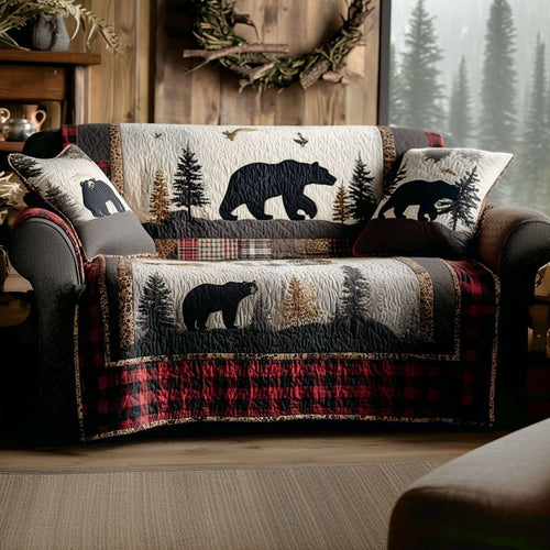 Woodland Bear Quilted Sofa Cover Wild Style Themed Luxury Home Decor Gift For Men - Pvr