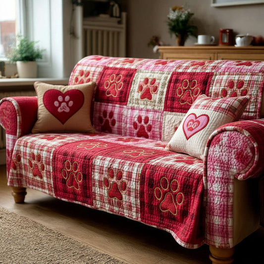 Heart Paw Quilted Sofa Cover Valentine Day Ideas For People Who Love Dog - Pvr