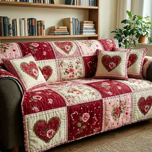 Heartfelt Patchwork Quilted Sofa Cover Top Valentine Day Gifts For Your Friend - Pvr