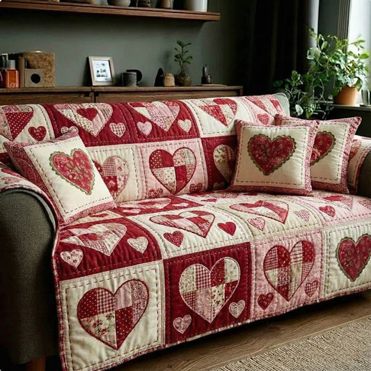 Heartfelt Patchwork Quilted Sofa Cover Gift For A Sister In Law For Valentine Day - Pvr