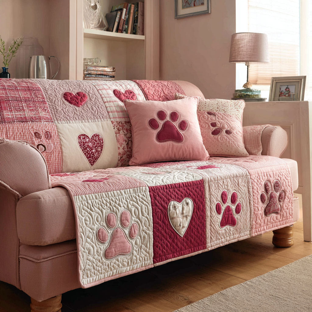 Paw Heartline Quilted Sofa Cover Valentine Day Gifts For Your Grandmother - Pvr