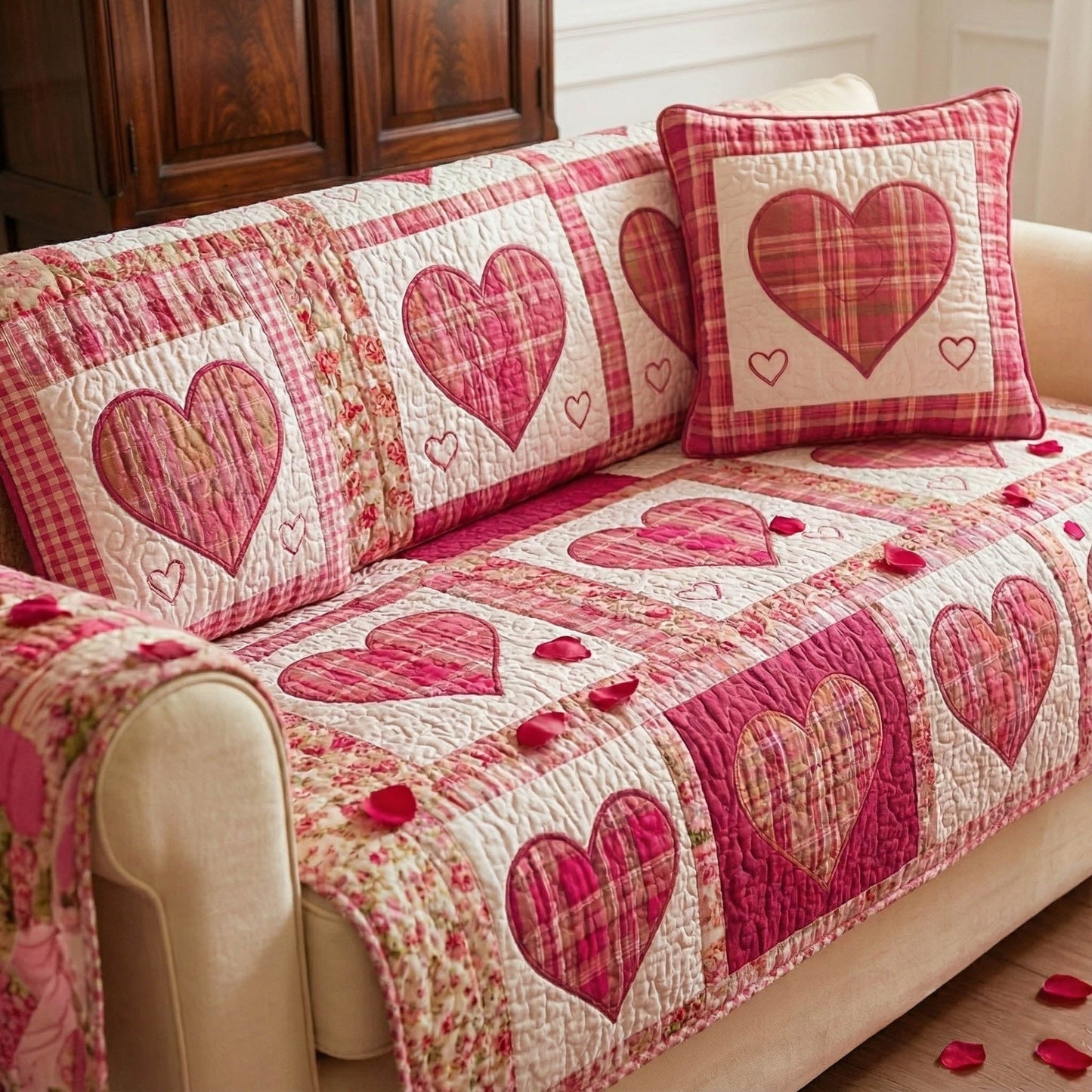 Affectionate Hearts Quilted Sofa Cover Cute Valentine Day Presents For Her - Pvr