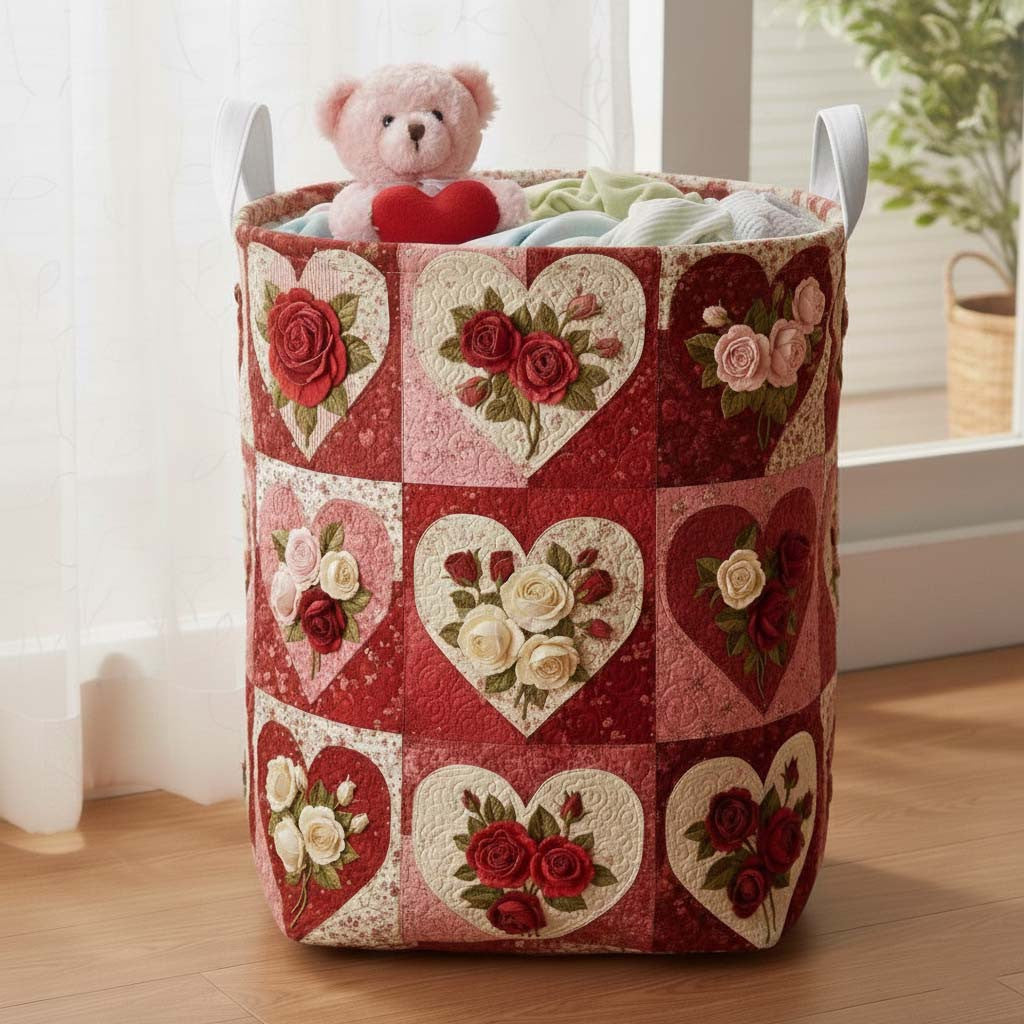 Flower Patchwork Quilted Laundry Basket Cute Rose Storage Baskets Valentines Gifts Idea - Pvr