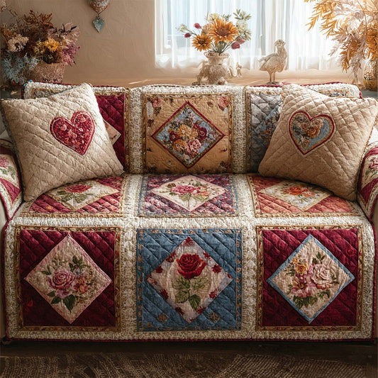 Cottage Rose Heart Quilted Sofa Cover Family Gift Ideas For Flower Lovers Valentine Day - Pvr