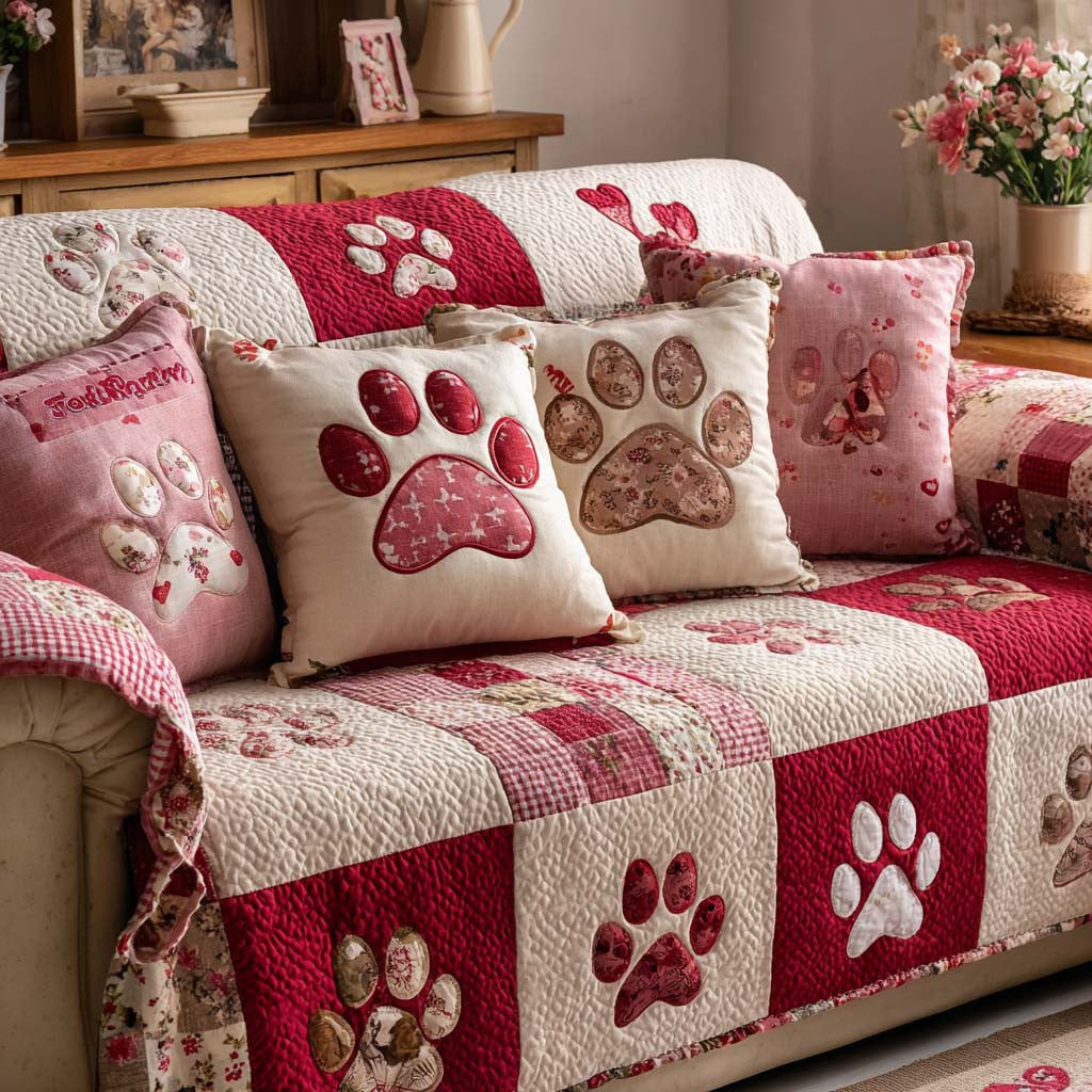 Sweet Pawprints Quilted Sofa Cover Paw Decoration Best Valentine Day Gifts For Pet Owners - Pvr