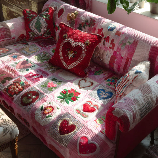 Whispering Hearts Quilted Sofa Cover Best Valentine Day Gifts For Women - Pvr