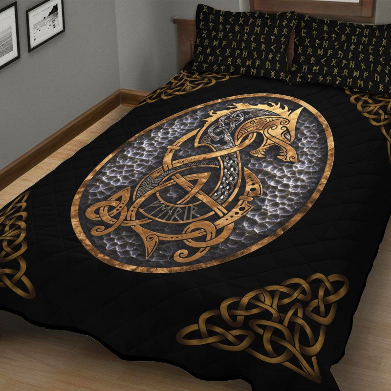 Viking Quilt Bedding Set Nordic Fenrir Wolf Gold With Rune Viking Gifts For Men