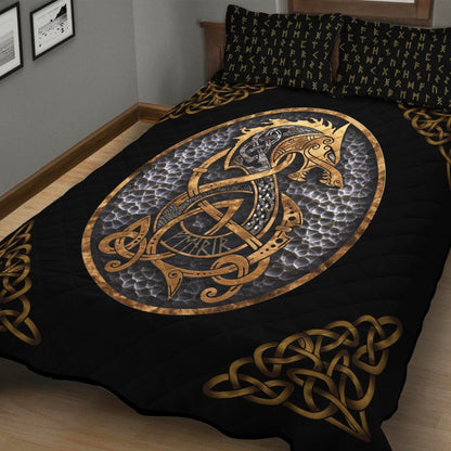 Viking Quilt Bedding Set Nordic Fenrir Wolf Gold With Rune Viking Gifts For Men