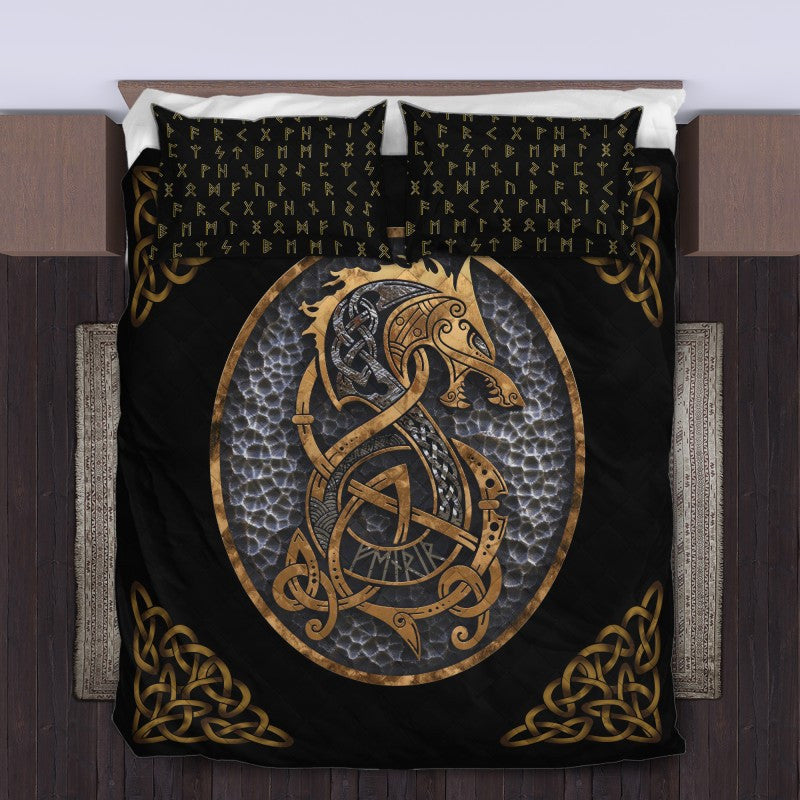 Viking Quilt Bedding Set Nordic Fenrir Wolf Gold With Rune Viking Gifts For Men