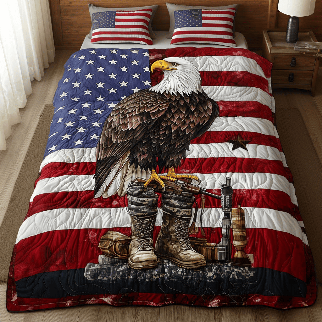 Eagle American Flag Quilt Bedding Set Patriotic Star Duvet Covers Father's Day Gifts For Dad - Printvoro