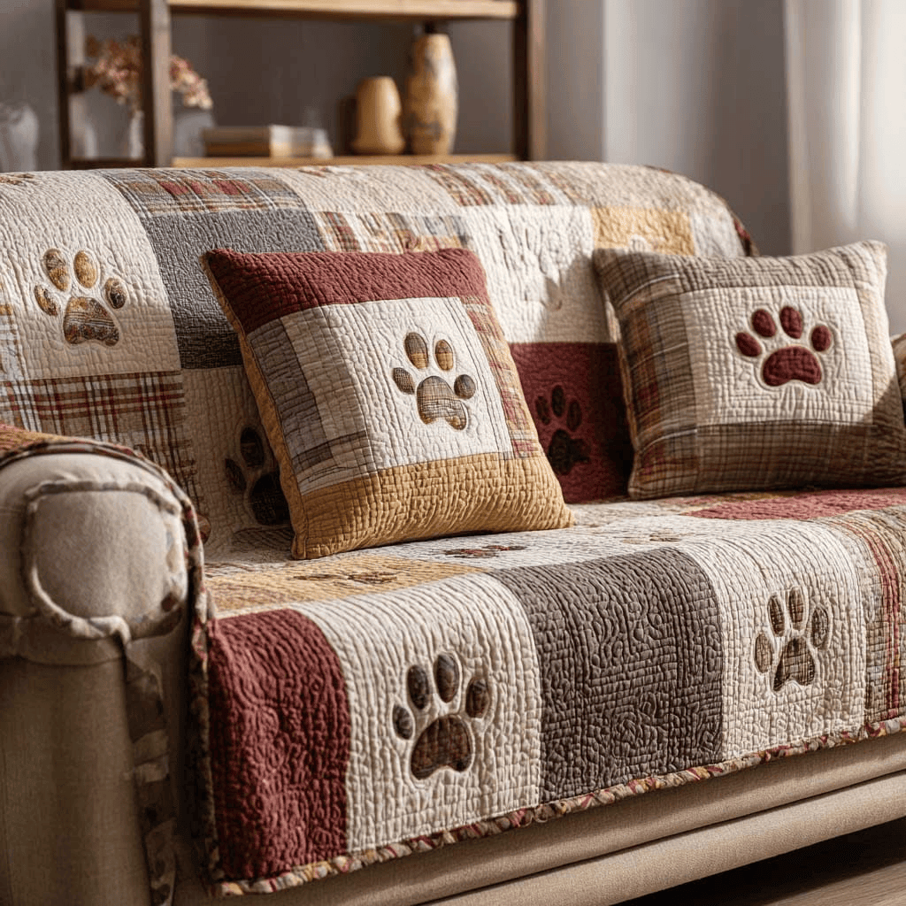 Adorable Paw Quilted Sofa Cover Vintage Couch Slipcovers Gift for Dog and Cat Moms - Printvoro
