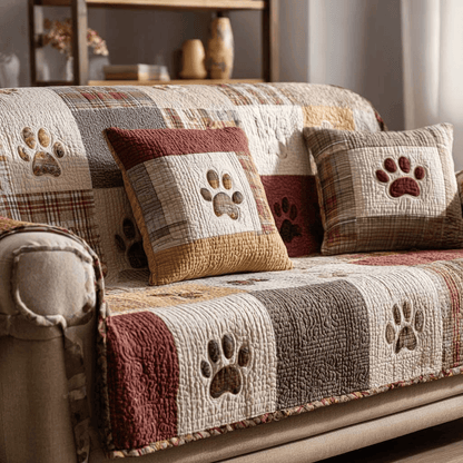 Adorable Paw Quilted Sofa Cover Vintage Couch Slipcovers Gift for Dog and Cat Moms - Printvoro