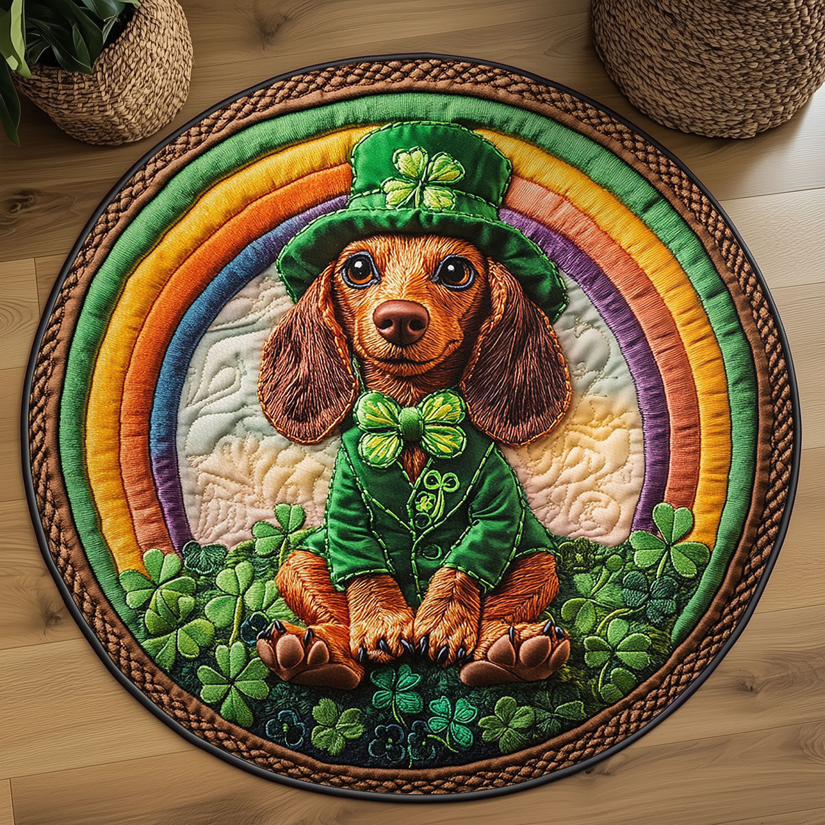 Dachshund Dream Quilted Round Mat Shamrock Day Decor St Patricks Day Gifts For Dachshund Lovers - Pvr