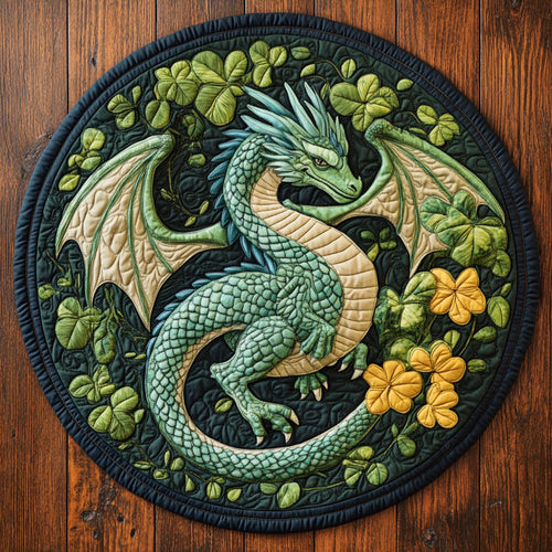 Clover Guardian Dragon Quilted Round Mat St Pattys Day Mat St Patrick Gifts For Dragon Lovers - Pvr