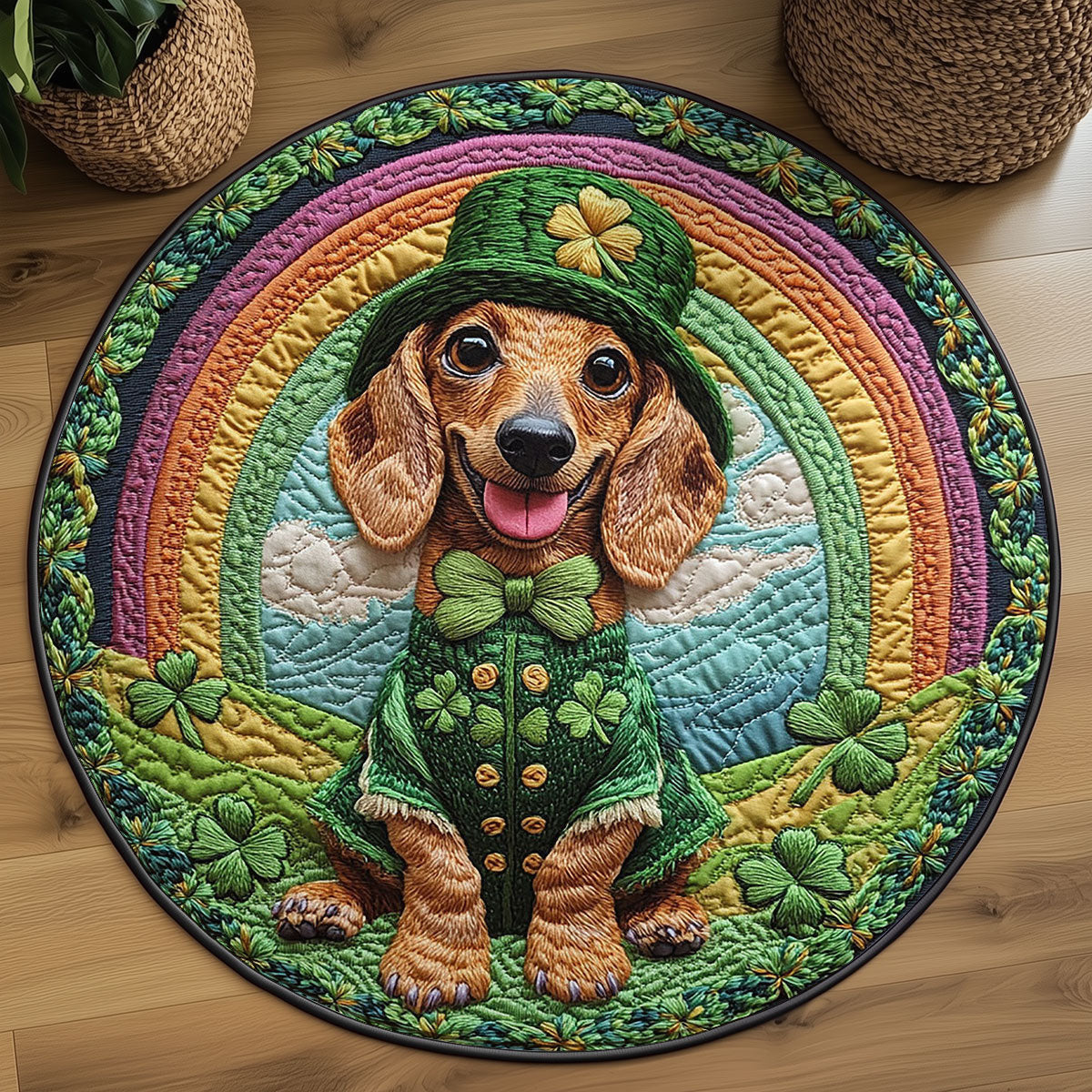 Dachshund Parade Quilted Round Mat Holiday Indoor Decor St Patricks Day Gift For Dog Lovers - Pvr