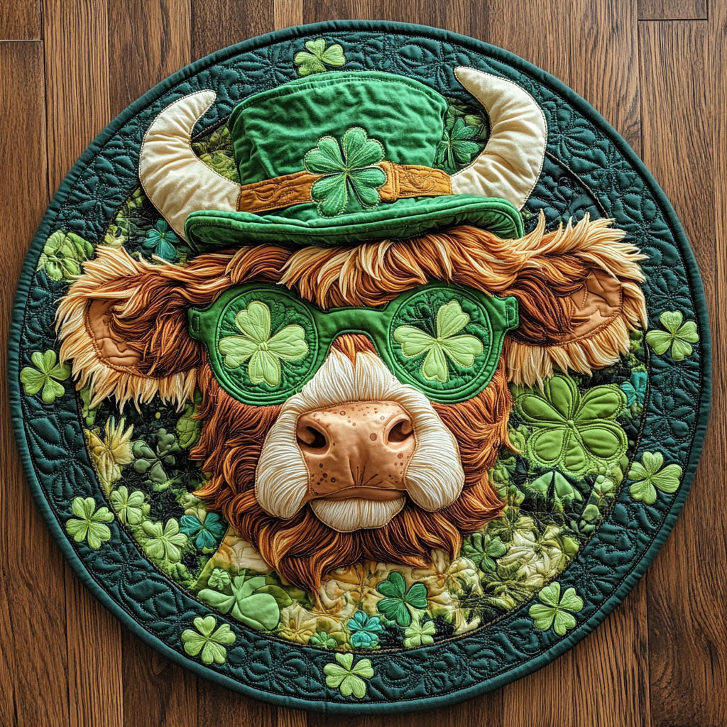 Shamrock Cow Quilted Round Mat St Pattys Day Mat St Patrick Gifts For Cow Lovers - Pvr