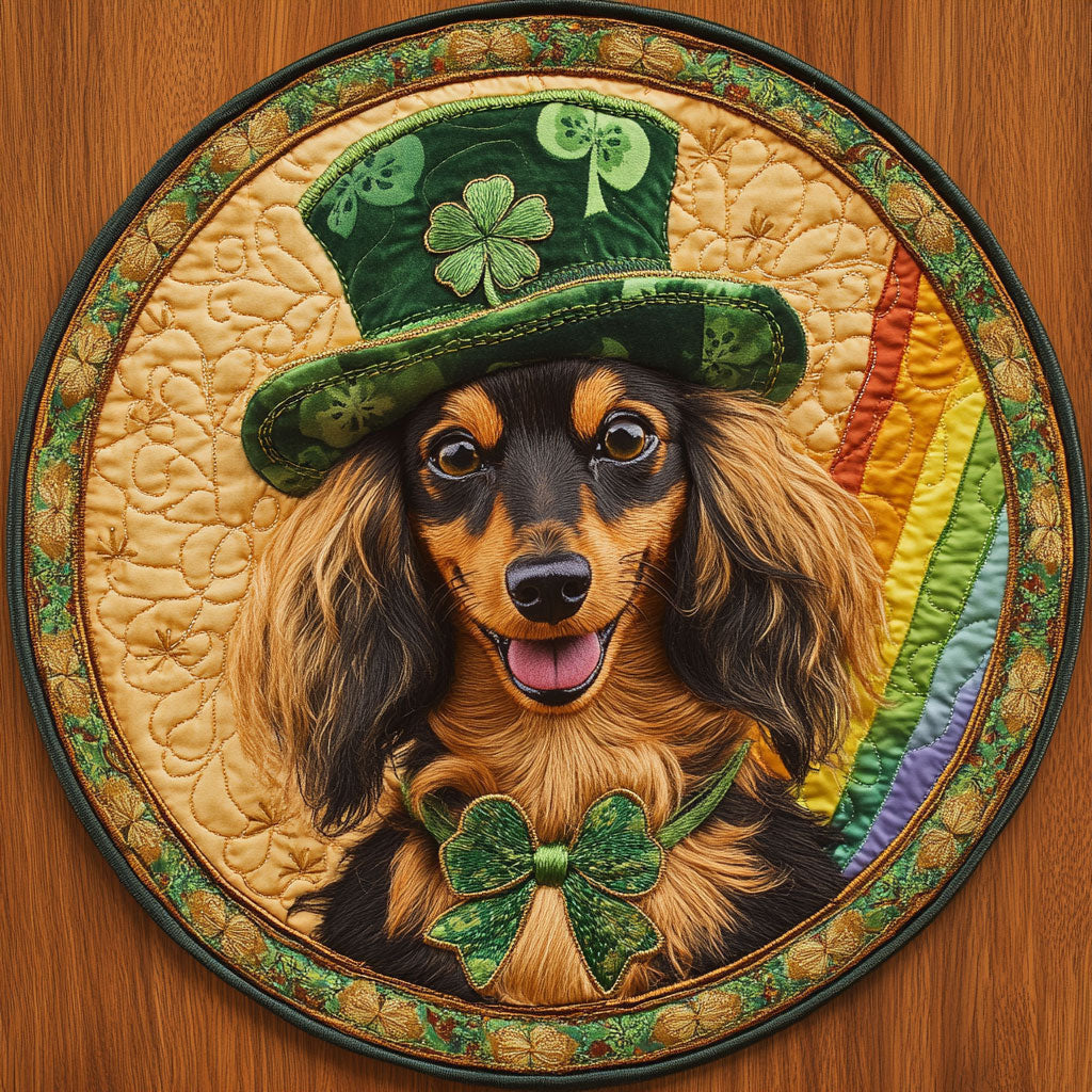 Clover Dachshund Quilted Round Mat House Decor St Patrick's Day Gift For Dachshund Lovers - Pvr