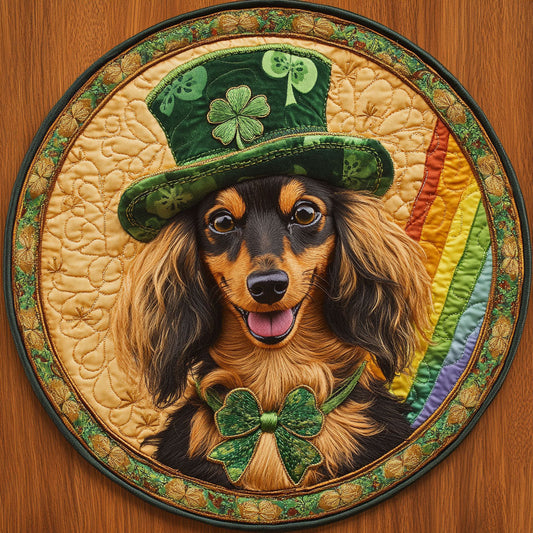 Clover Dachshund Quilted Round Mat House Decor St Patrick's Day Gift For Dachshund Lovers - Pvr