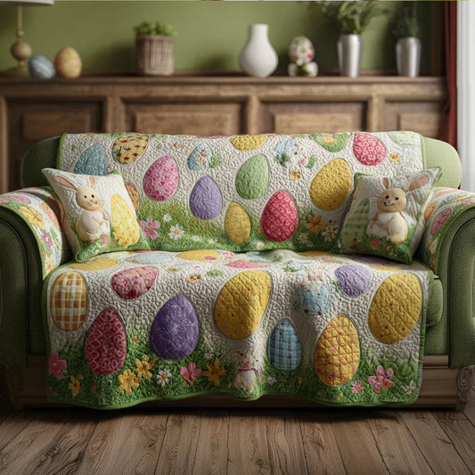 Cute Easter Bunny Basket Quilted Sofa Cover Spring Bunny Couch Cover Holiday Home Decor