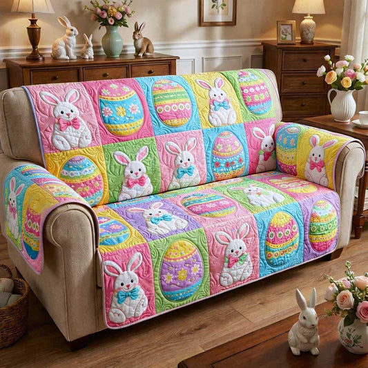 Pastel Easter Bunny Patchwork Quilted Sofa Cover Spring Bunny Couch Cover Gift For Family