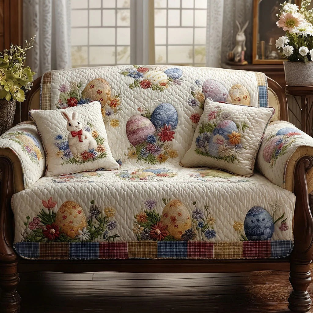 Cute Easter Bunny Quilted Sofa Cover Egg Pattern Couch Slipcover Spring Home Decor Gift For Family