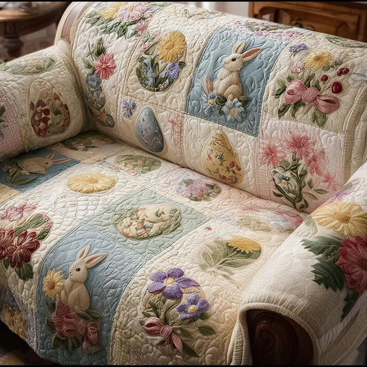 Easter Floral Egg Quilted Sofa Cover Spring Flower Couch Slipcover Cottage Home Decor_