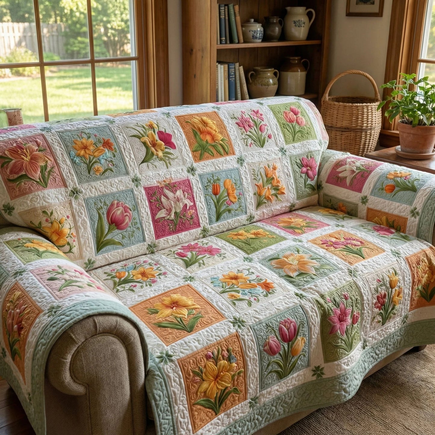 Easter Patchwork Quilted Sofa Cover Bunny Egg Couch Cover Holiday Home Decor
