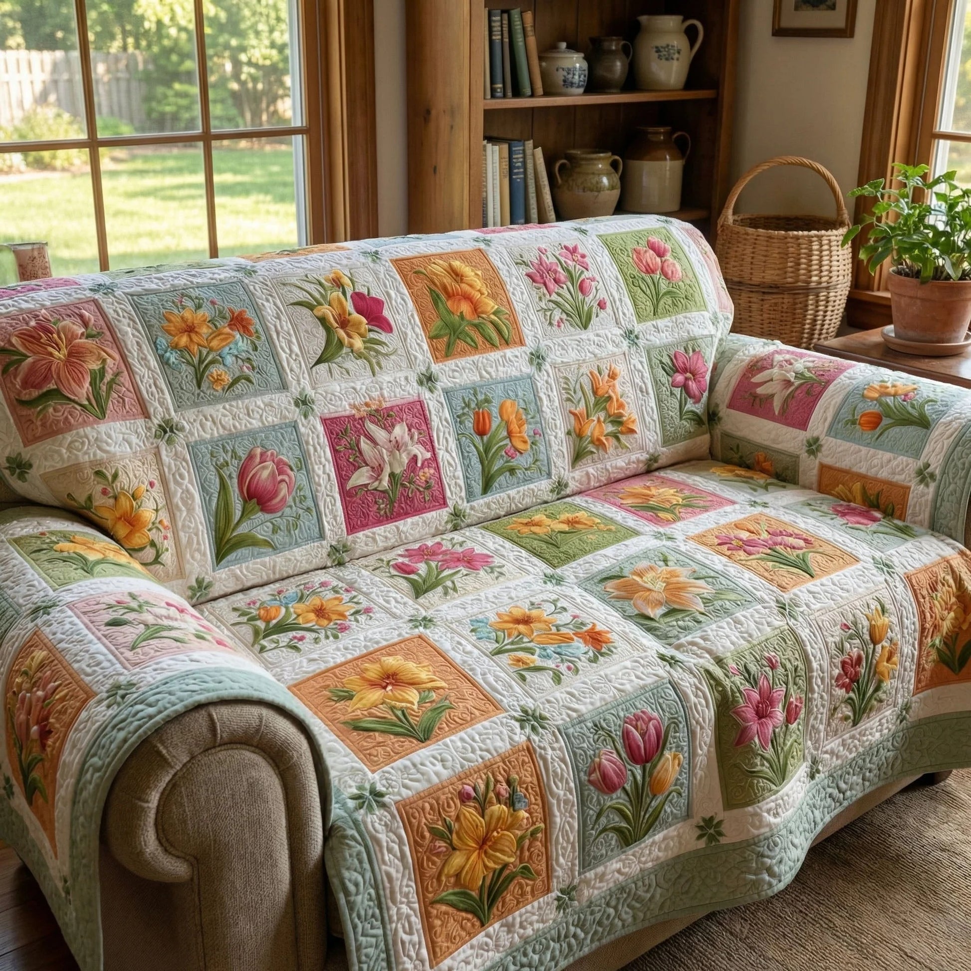 Easter Patchwork Quilted Sofa Cover Bunny Egg Couch Cover Holiday Home Decor
