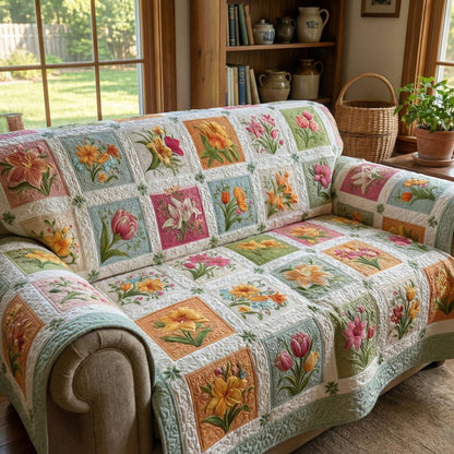 Easter Patchwork Quilted Sofa Cover Bunny Egg Couch Cover Holiday Home Decor