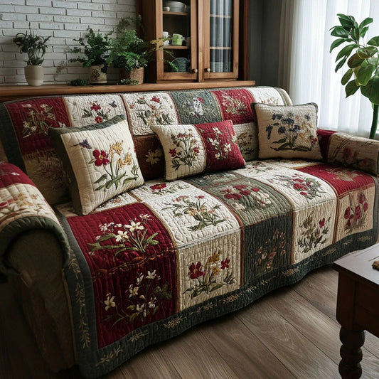 Patchwork Floral  Quilted Sofa Cover Farmhouse Quilt Style Couch Cover Rustic Living Room Decor_