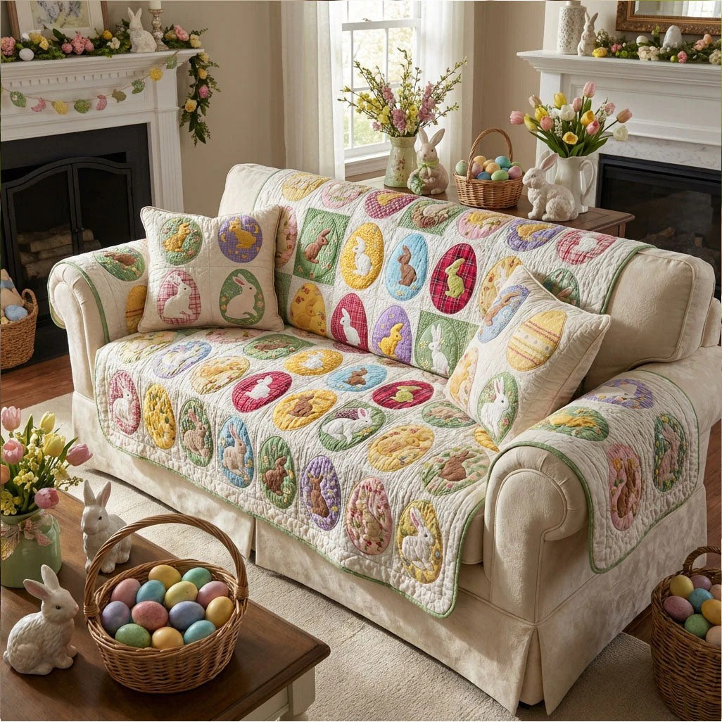 Colorful Easter Egg Quilted Sofa Cover Holiday Egg Couch Slipcover Gift For Family