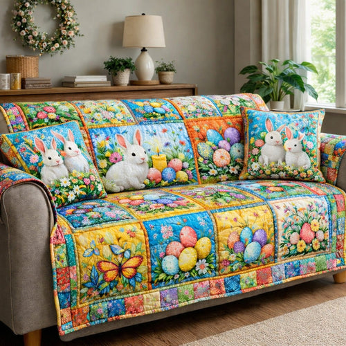 Colorful Easter Eggs Bunny Quilted Sofa Cover Patchwork Sofa Slipcover Cute Easter Gifts For Wife