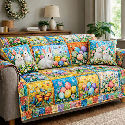 Colorful Easter Eggs Bunny Quilted Sofa Cover Patchwork Sofa Slipcover Cute Easter Gifts For Wife