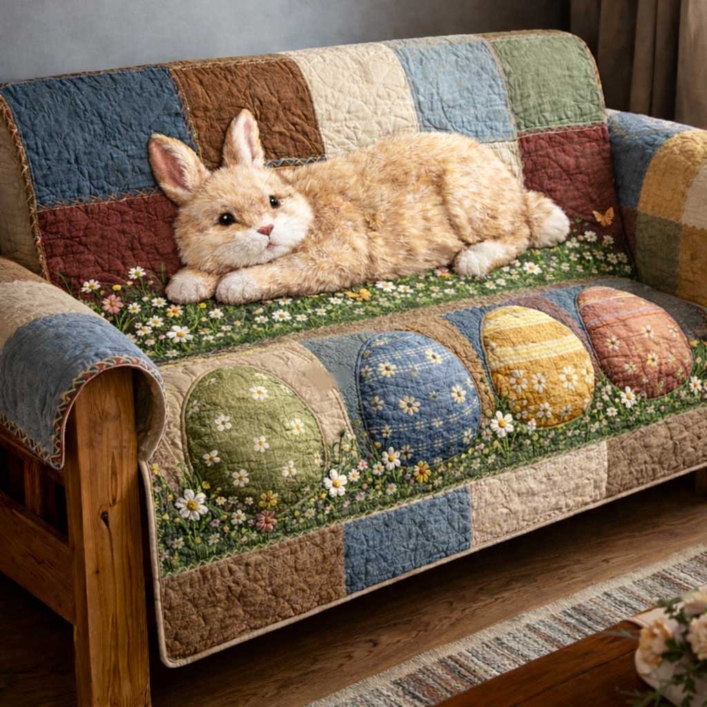 Cute Easter Bunny Patchwork Quilted Sofa Cover Spring Bunny Sofa Throw Cover Easter Gifts For Her